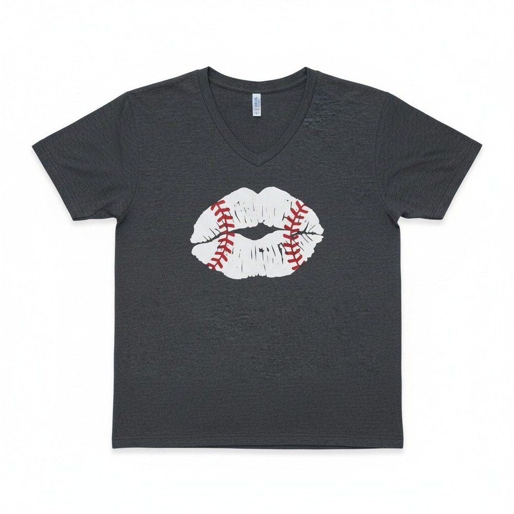 Baseball Kiss V-Neck T-Shirt Graphic Tee Dark Gray XXL